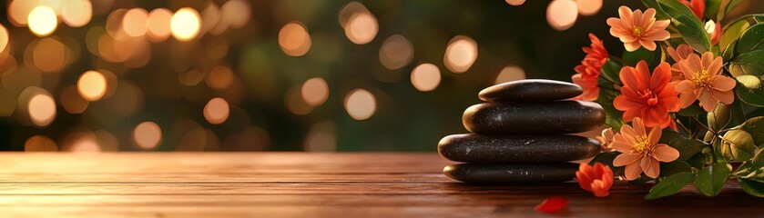 Fototapeta premium Wooden spa room setup, hot stones and flowers, 3D illustration