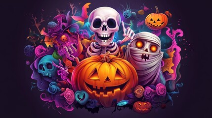 Colorful Halloween illustration featuring a skeleton, a mummy, jack-o'-lanterns, and spooky elements for festive decor.