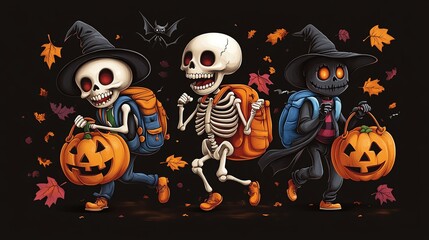 Three playful skeletons in costumes joyfully trick-or-treating with pumpkins, set against a spooky autumn backdrop.