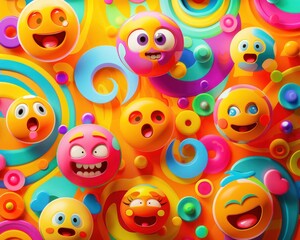 A collection of cute emoji faces on a backdrop of abstract swirls and bright, playful patterns.