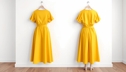 Here's a mockup of a Yellow blank Culotte dress with a white wall and a front and back view. Please replace the design with your own.