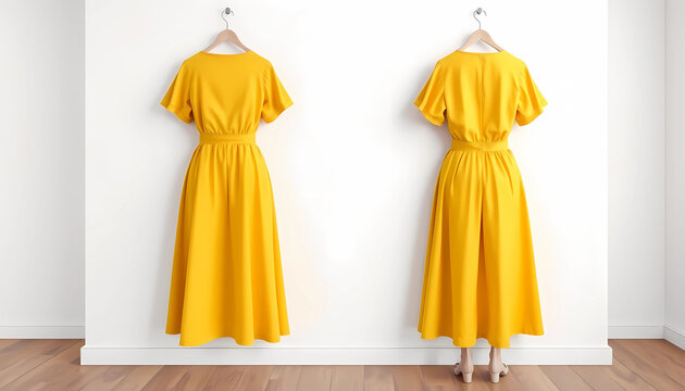 Here's a mockup of a Yellow blank Culotte dress with a white wall and a front and back view. Please replace the design with your own.
