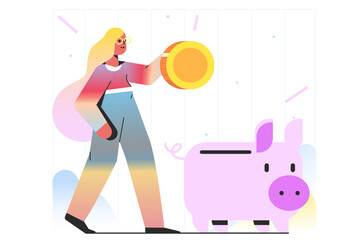 Woman putting a coin in a piggy bank