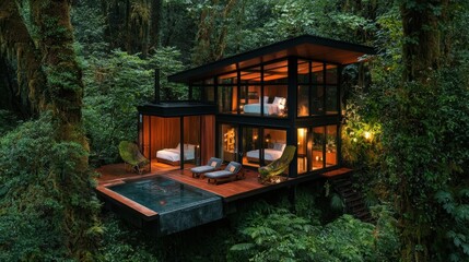 Naklejka premium Modern Treehouse with Swimming Pool in Lush Rainforest Canopy