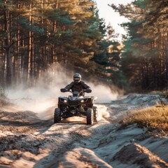 Driving modern quad bike in forest. Extreme adventure, ride sport off road, utility vehicle on sandy track