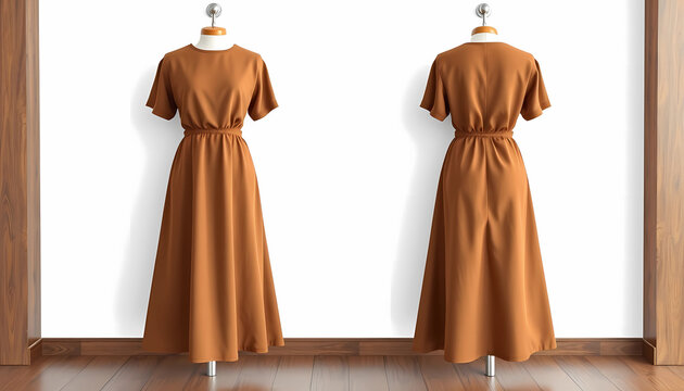 Here's a mockup of a Brown blank Culottes dress with a white wall and a front and back view. Please replace the design with your own.