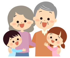 おじいさんおばあさんに抱きつく子供達