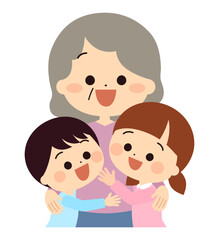 おばあさんに抱きつく子供達