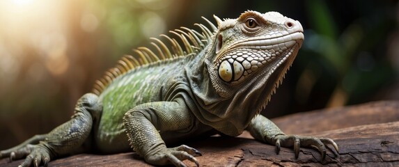Fototapeta premium Close-up of a Green Iguana with White Underbelly