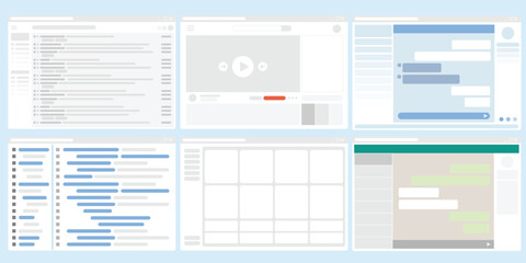 Set of program layout, UI design, Flat simple screen of website browser, Coding display, Email screen, Chat box, Computer window user interface screen.