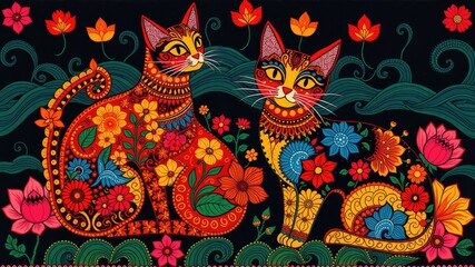 Pattern with cat, Abstract painting, cat pattern, flower ornament pattern.seamless pattern with cat and flowers