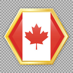 Gold hexagon badge with the flag of Canada on it. Vector badge on checkered background