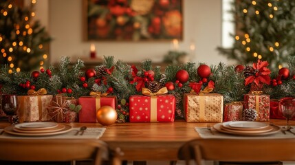 Modern Christmas party decorated with festive red and gold decorations, brightly wrapped gifts, twinkling lights and a festive atmosphere create a lively and attractive atmosphere.