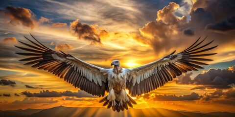 Obraz premium The White-backed Vulture's broad wingspan casts a dark silhouette against the golden sunset, wispy clouds a soft accompaniment. Gentle texture and subtle blur evoke serene majesty.
