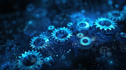 Abstract Blue Digital Technology Background with Gears and Cogs in a Dark Color Palette – Generative AI Art