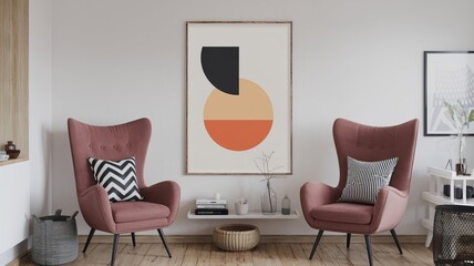 Two armchairs in room with white wall and big frame poster on it. Scandinavian style interior design of modern living room. mockup