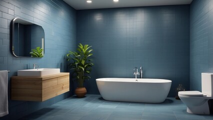 Modern Bathroom with Blue Tiled Walls and a Freestanding Tub