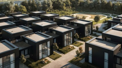 Fototapeta premium Modern modular private black townhouses. Residential architecture exterior., architecture, photo, 3d render