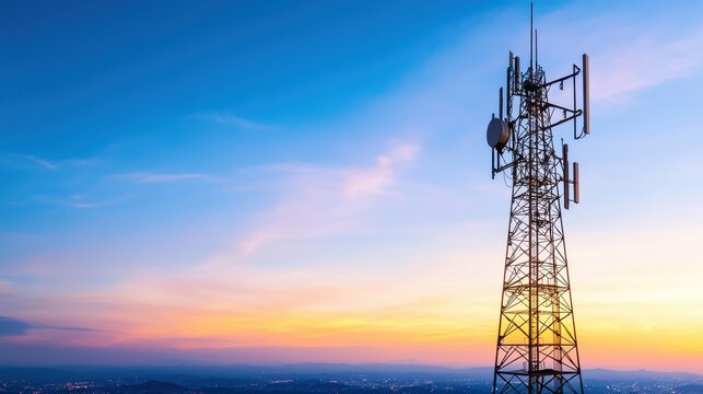 Cell Tower Silhouette at Sunset Over Cityscape