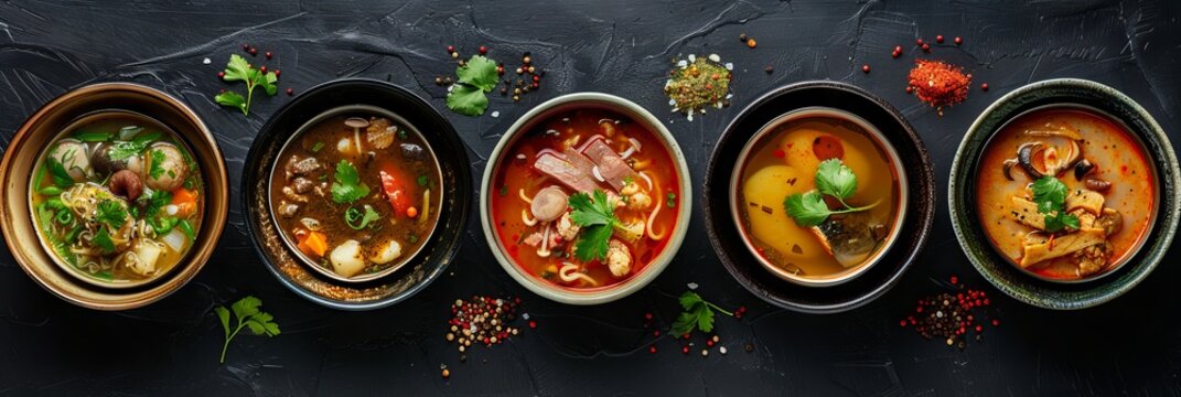 Asian Soups Set with Kespe Soup, Kullama or Beshbarmak, Fish Soup Bouillabaisse