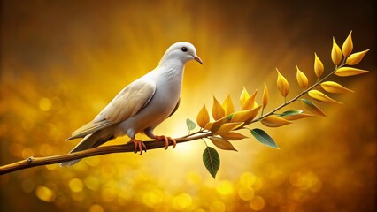 Obraz premium A dove rests on a golden olive branch, a timeless symbol of peace, its gentle coos a soothing serenade to the world.