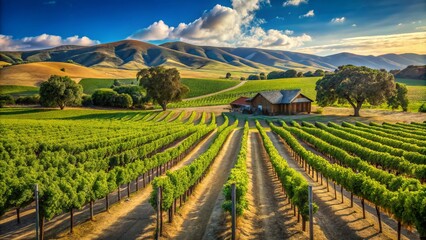 Naklejka premium Golden sunlight filters through the lush green hills of Edna Valley vineyard, casting dappled shadows on the rows of ripening grapes.