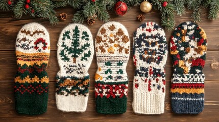 Cozy Knitted Mittens with Christmas Decorations on Wooden Background