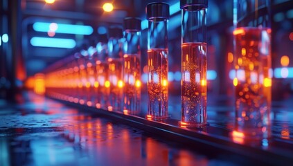 Fototapeta premium A row of test tubes filled with a glowing orange liquid, illuminated by neon lights.