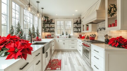 Modern kitchen decorated for Christmas features a white island, bright red Christmas flowers and festive food plates. A green Christmas tree illuminated by natural light. Festive atmosphere.