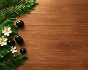 Naklejka premium Wooden spa bed, woman with hot stones and floral accents, 3D illustration