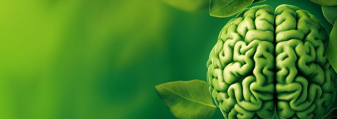Fototapeta premium Green brain emerging from leaves. Natural cognitive health and environmental impact on neurological wellbeing. Banner with copy space