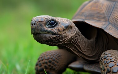 Close-up of a tortoise resting on lush green grass, highlighting its textures and calm demeanor in a natural setting.