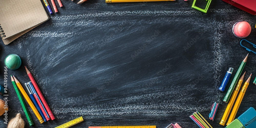 Sticker background of a blackboard with school supplies around it representing the return to school or the end of courses school accessories 