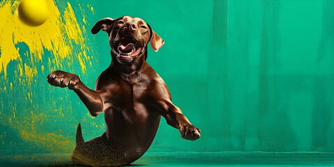 Energetic chocolate labrador retriever playing with yellow ball against vibrant green and yellow background. Dynamic pet portrait for sports or active lifestyle concepts with copy space