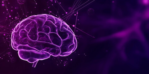 Fototapeta premium Digital Brain with Neural Connections on Purple Background for Science and Technology Themes with copy space