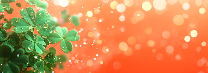 Vibrant green shamrocks with sparkling water droplets on warm orange background for St Patrick's Day celebration designs