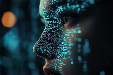 Digital human face made of binary code, concept of AI.