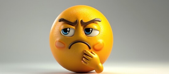 A 3D yellow emoji with a thoughtful look, one hand on its chin and eyebrows furrowed. Full ultra HD,