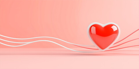 Glossy red heart with flowing white waves on pink background for Valentine's Day cards, love-themed designs and romantic concepts. Place for text