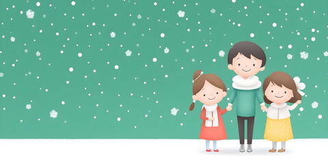 Fototapeta premium Cute family enjoying snowfall on green background for winter holiday greeting cards and children's book