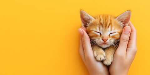 Adorable ginger kitten held gently in hands on vibrant yellow background. Pet care and animal adoption campaign concepts with copy space