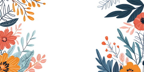 Stylized floral frame with colorful blooms and leaves on white background. wedding invitations and botanical design projects with copy space