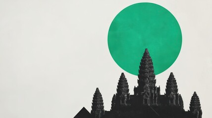 Abstract depiction of Angkor Wat with a green sun, ancient temple complex in minimalist black and white, bold green