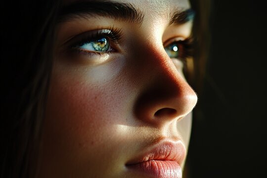 Close-up portrait of woman with striking green eyes