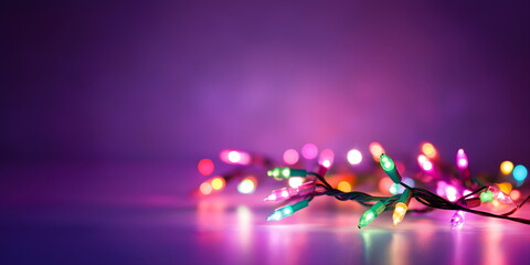 Colorful Christmas lights on purple background for holiday decorations and festive party atmosphere designs with copy space