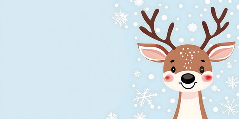 Cute reindeer face with snowflakes on light blue background for Christmas greeting cards and winter holiday designs with copy space