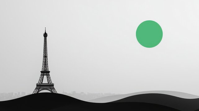 Abstract depiction of the Eiffel Tower with a turquoise sun, Paris in minimalist black and white, bold turquoise