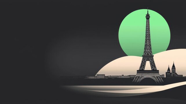 Abstract depiction of the Eiffel Tower with a turquoise sun, Paris in minimalist black and white, bold turquoise