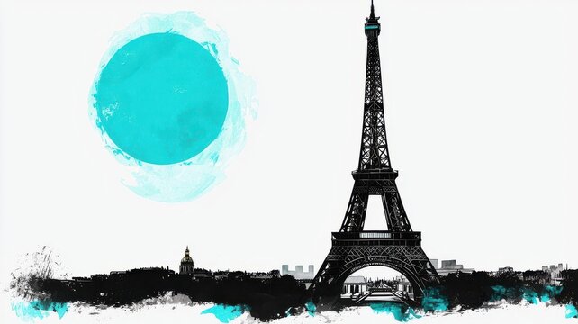 Abstract depiction of the Eiffel Tower with a turquoise sun, Paris in minimalist black and white, bold turquoise