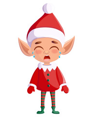 A sad cartoon Christmas elf with a gift, dressed in a red outfit, Santa hat and green shoes. The concept of a postcard, invitation, gift.